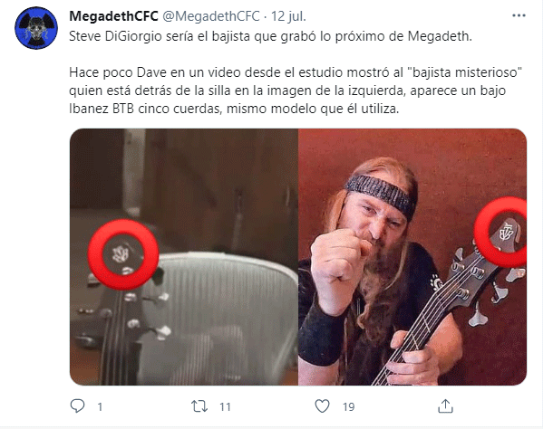 Tuit de @MegadethCFC con la foto comparando el bajo del video de cumpleaños para un fan de Megadeth