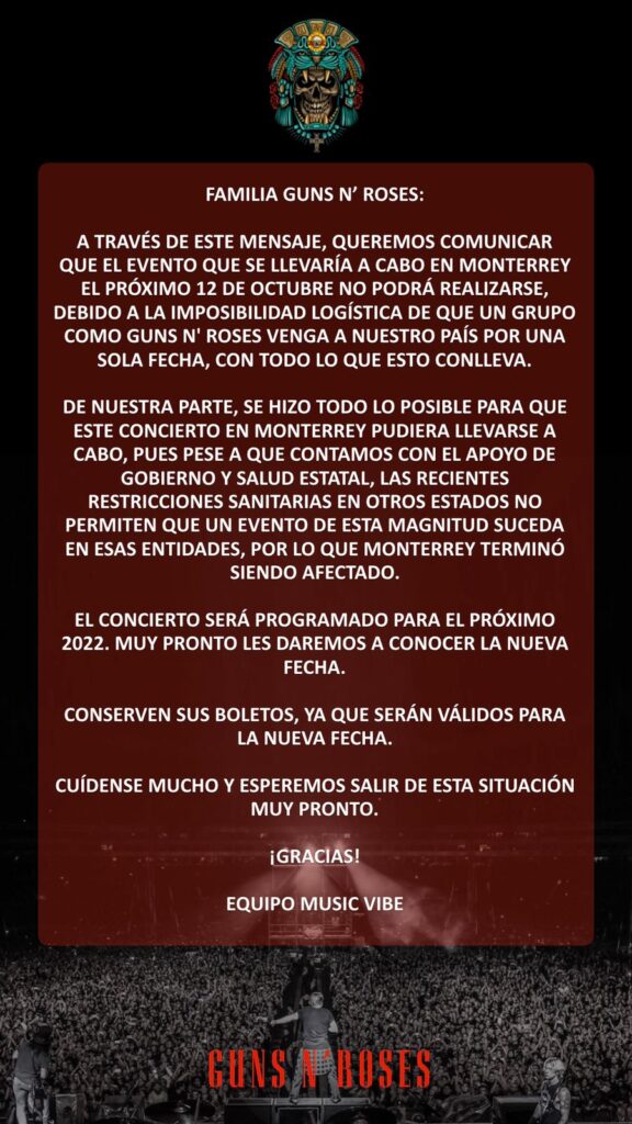 Guns N' Roses pospone su concierto en México (2021)