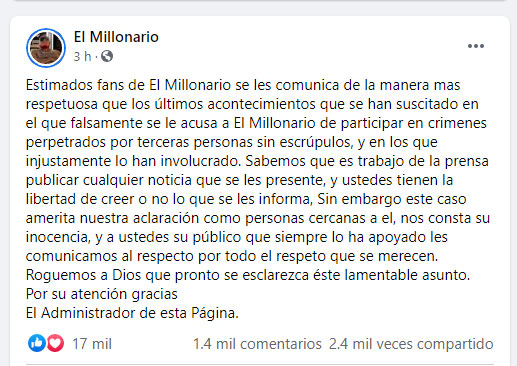 Declaración de Millonario en Facebook