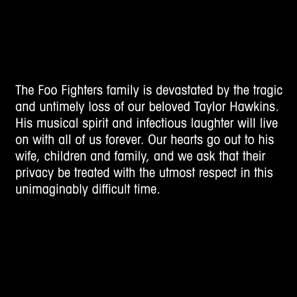 Mensaje oficial de los Foo Fighters sobre la muerte de su baterista, Taylor Hawkins