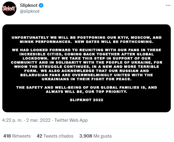 Tuit de Slipknot cancelando las fechas en Ucrania
