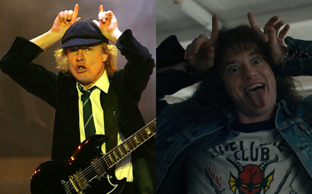 A la izquierda, Angus Young de AC/DC; a la derecha Eddie Munson interpretado por Joseph Quinn