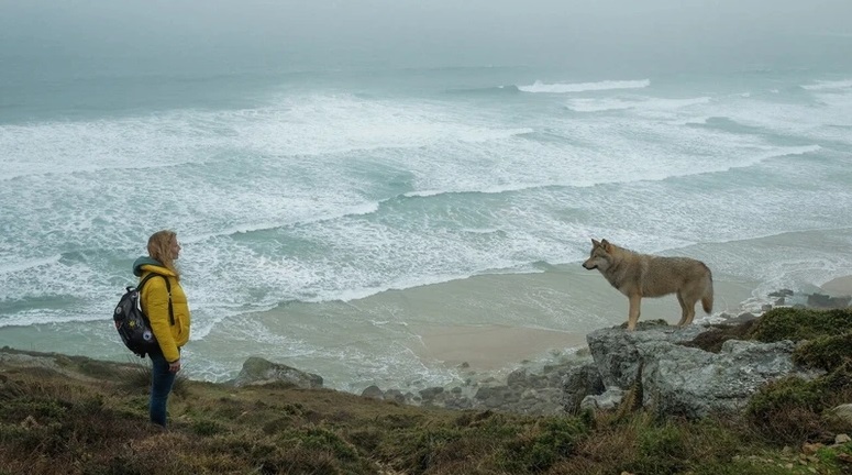 Thelma en la costa frente a un lobo
