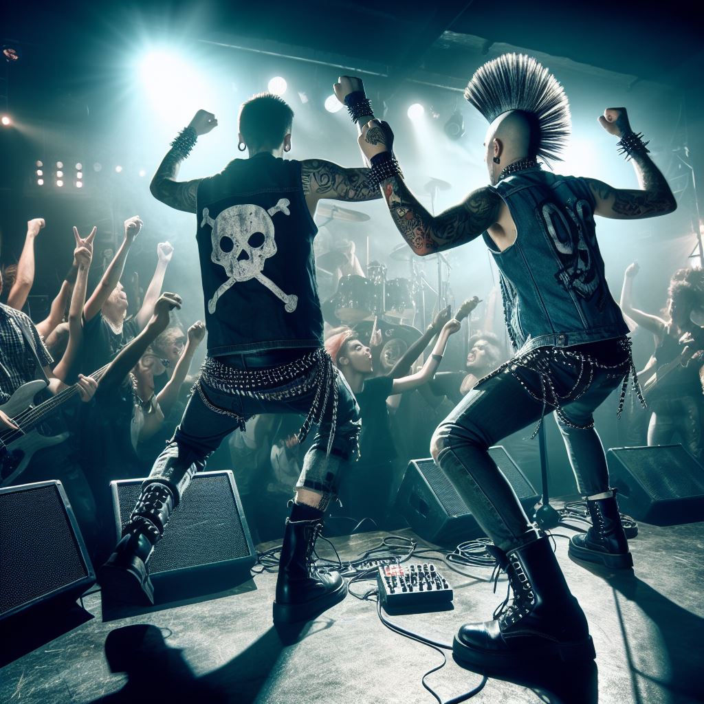 Banda punk en un concierto ante cientos de personas. Foto: Bing IA
