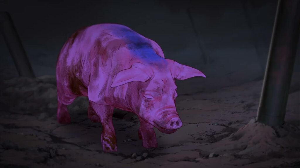 La animación resalta el toque fantástico pero brutal del Puerco que Sobrevive la Fiebre Aftosa.