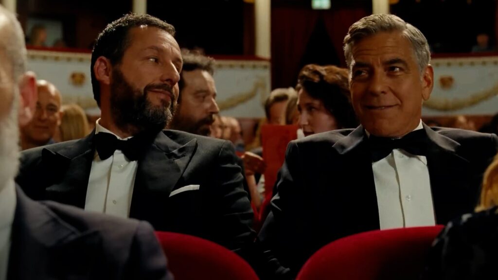 Adam Sanlder y George Clooney enfrentan juntos una crisis existencial en Jay Kelly. Foto: Netflix